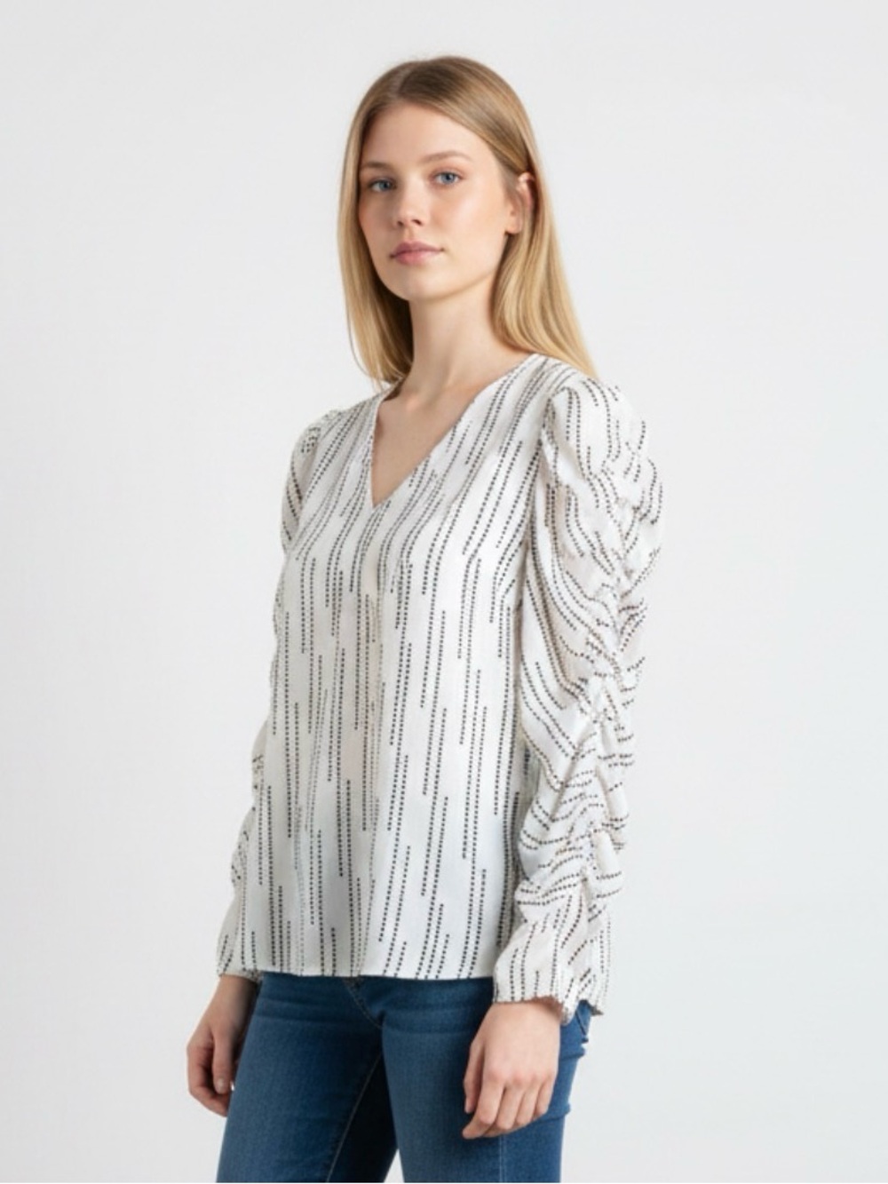CAbi #3958 White V-Neck Dot-Stripe Ruched Sleeve Blouse Size L Devoted Top